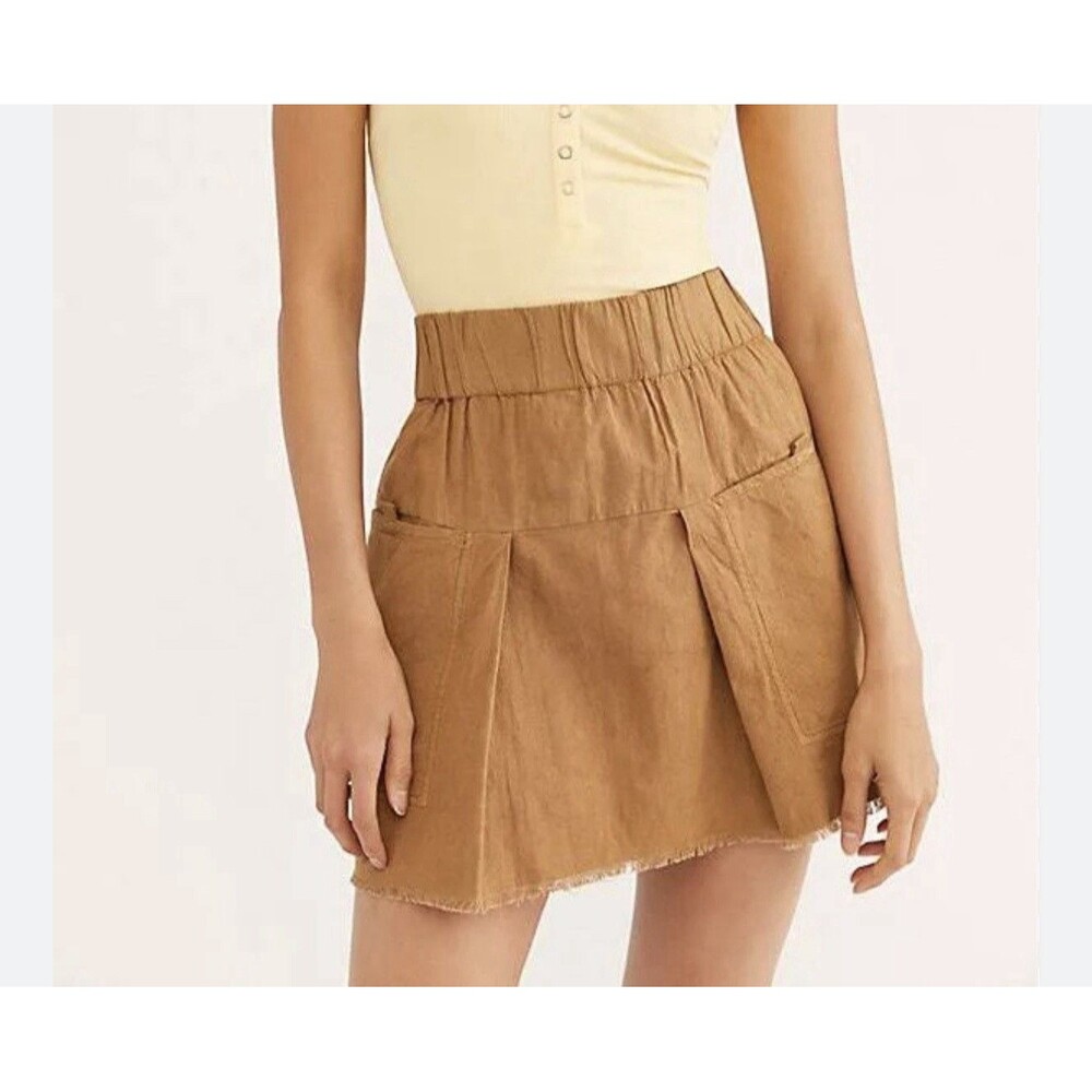 Free People Mariposa Mini Skirt Cocoa Pleated Utility Cotton Raw Hem XS NWT - Picture 8 of 9